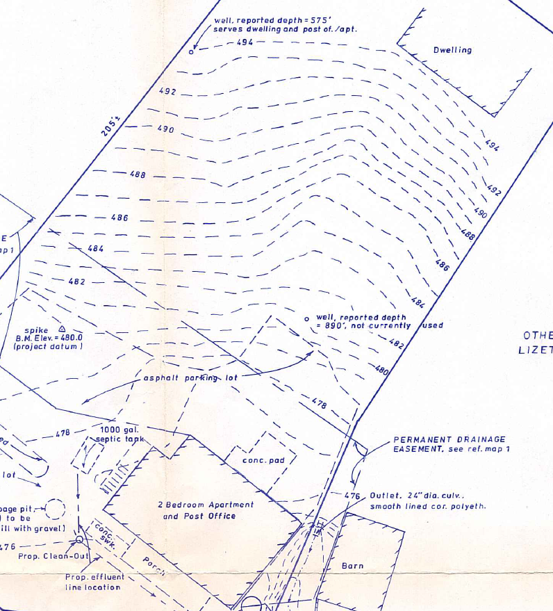 Site plan detail showing Post Office, apartment, dwelling, and Multi-Flo system layout